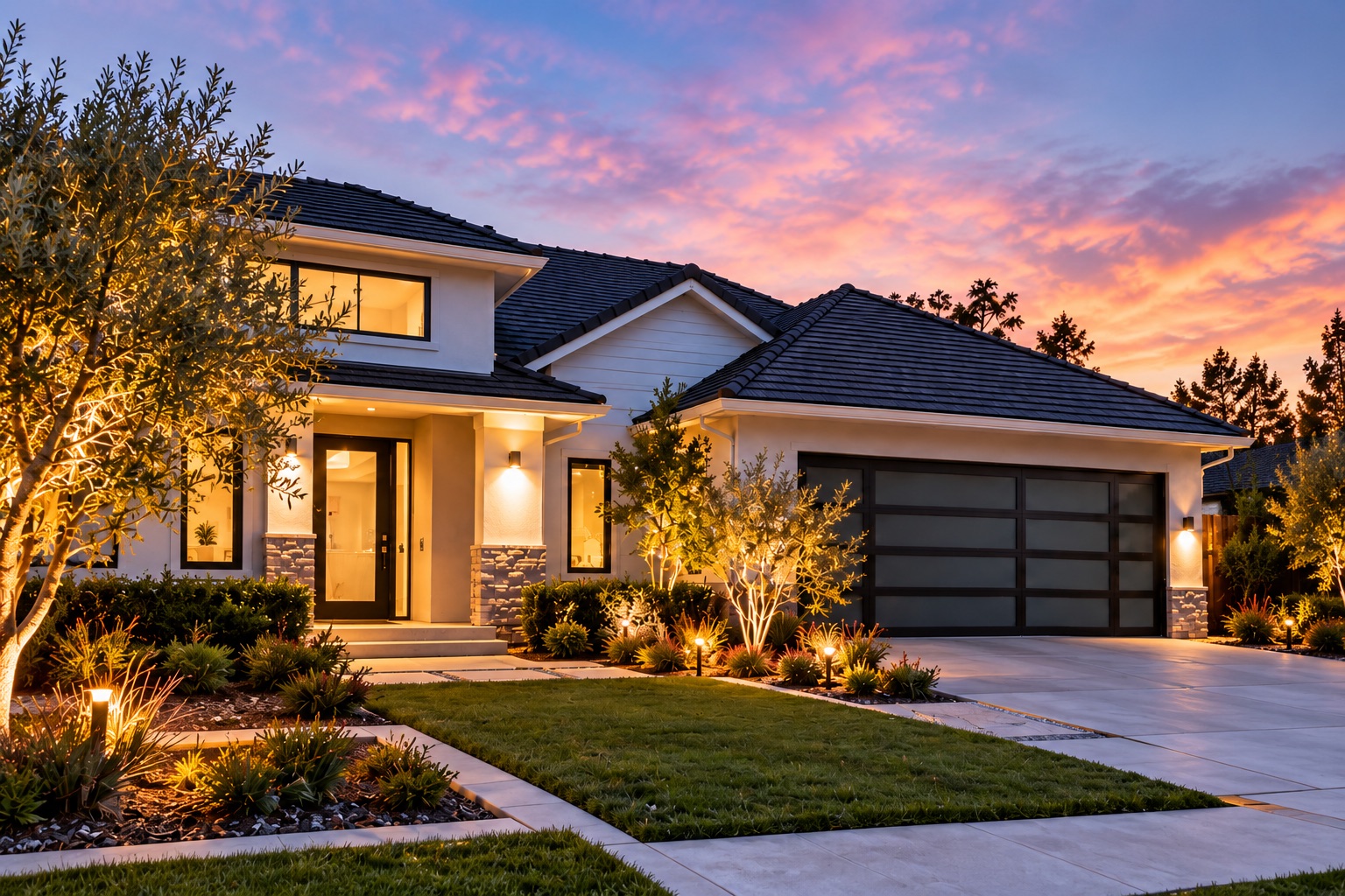 Illustrative home at dusk with warm lights and landscaped garden